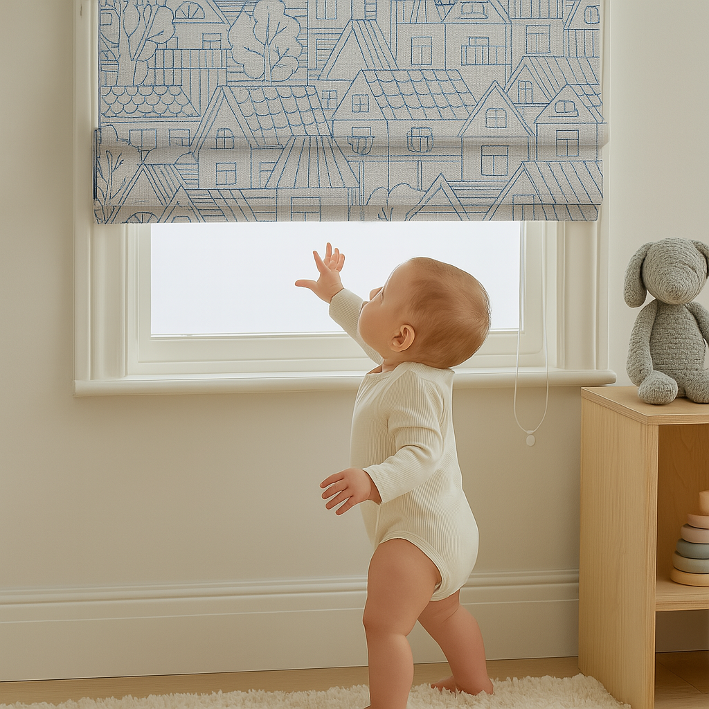 Custom Pure Linen Roman Blinds for Kids’ Rooms & Nurseries – Village-Sketch Embroidery in 4 Colorways – Made-to-Measure UK | Blackout or Light-Filtering-3