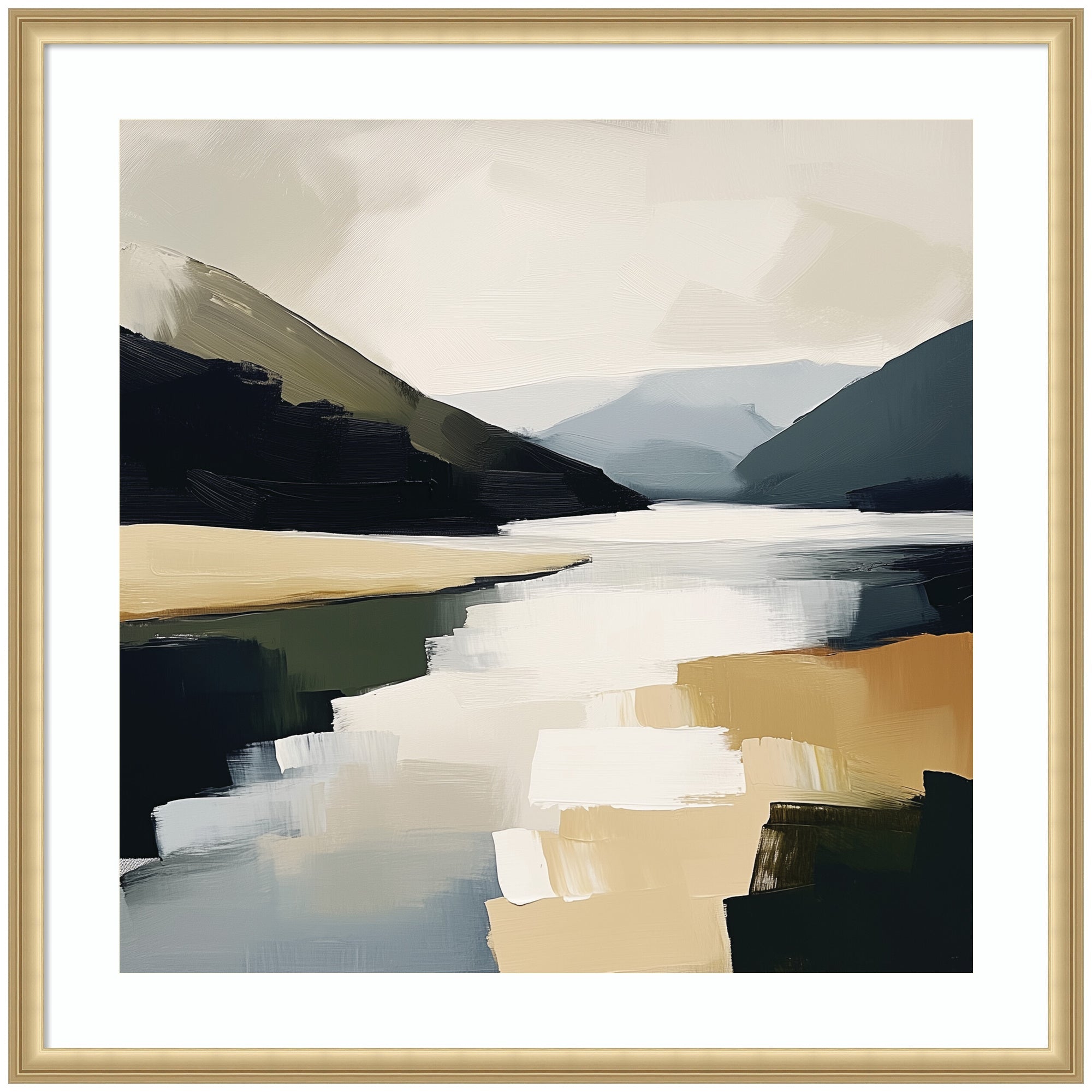 Framed Art Mountain Lake Modern Abstract Landscape by The Creative Bunch Studio