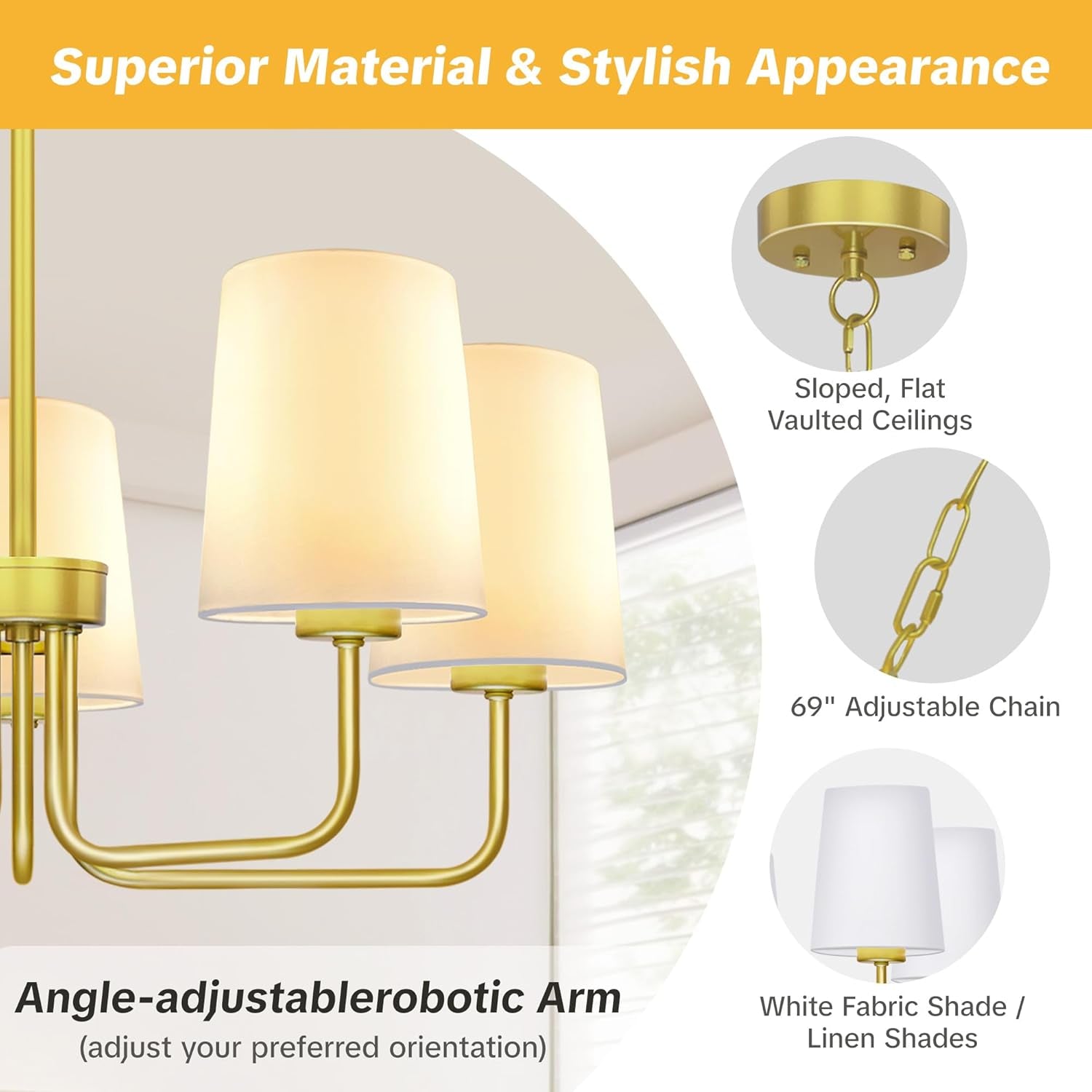 Gold Farmhouse Chandelier Fivefold Light Shade Fabric-2