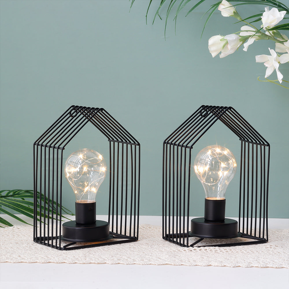 Set of 2 7''H Vintage Cage Hanging Cordless Lamps with 6-Hours Timer (Black)-0
