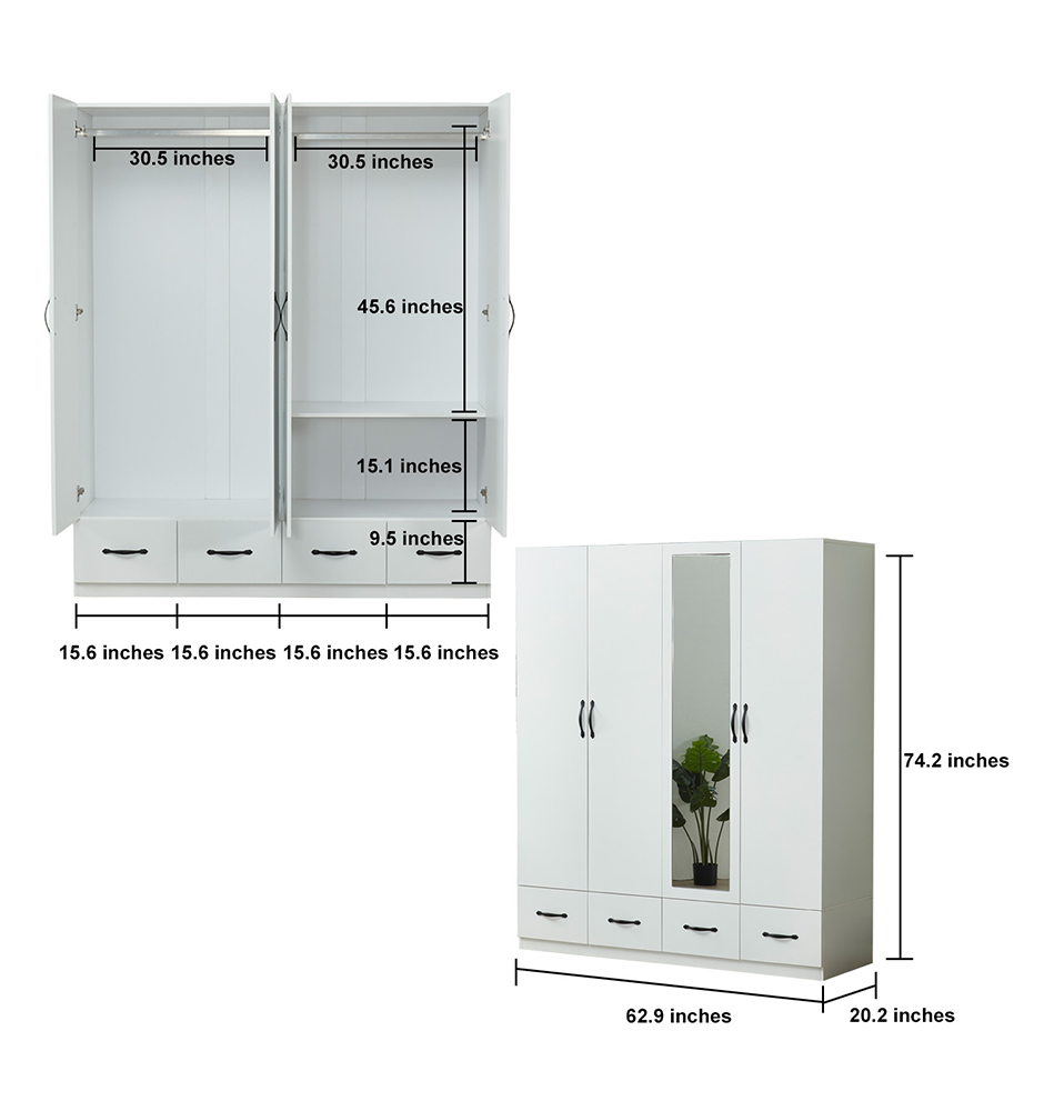 White Mirror Wardrobe Closet – 4-Door Wooden Freestanding Armoire with Shelves & Hanging Rod