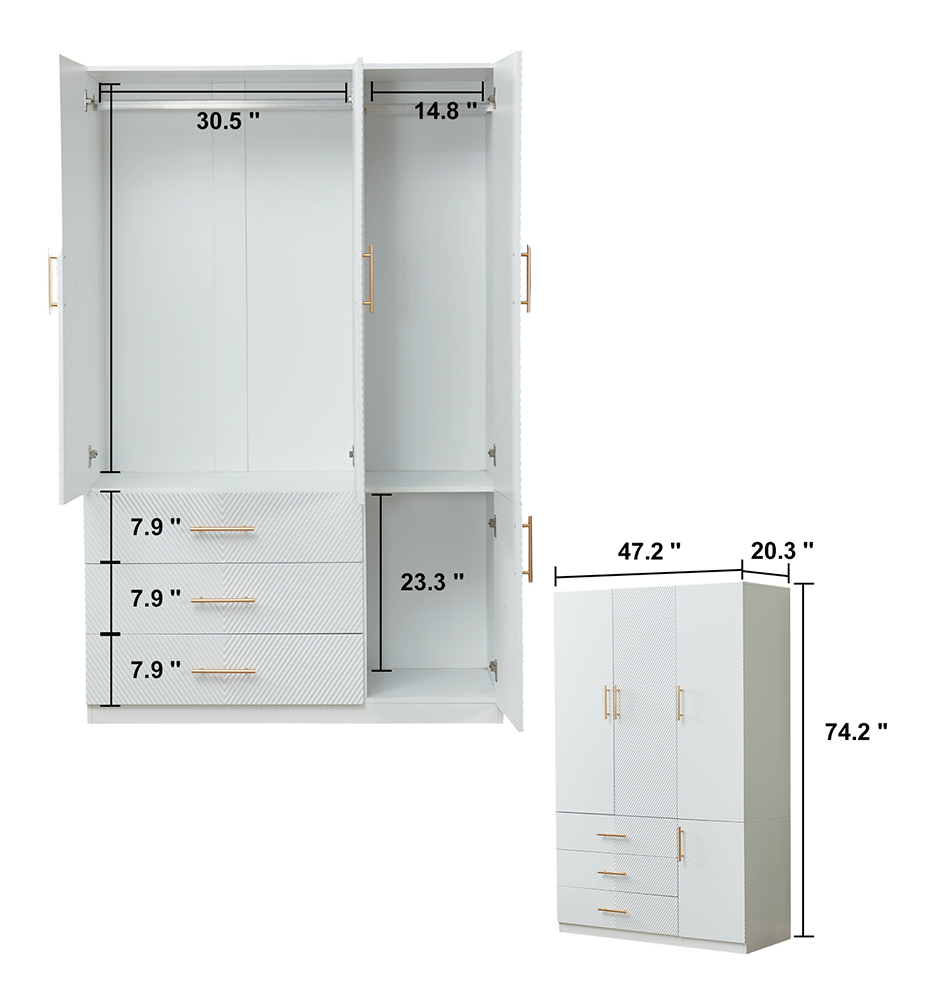 74.2” Tall 3-Door White Wardrobe Closet | Wood Armoire with Hanging Rod & Shelves for Bedroom and Bathroom Storage Cabinet