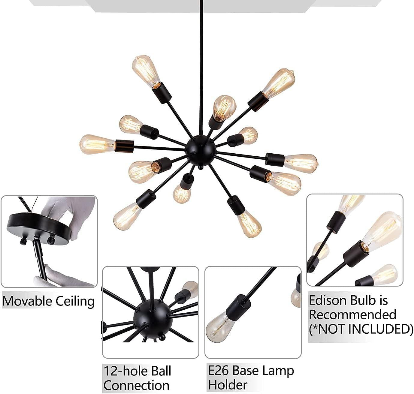 Black 12 Light Sputnik Chandelier Farmhouse Pendant