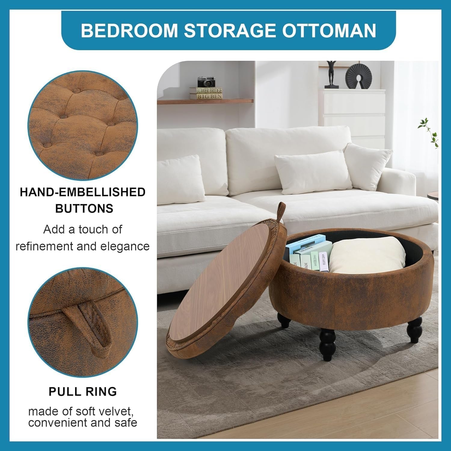 24 Inch Upholstered Storage Ottoman Featuring Tray