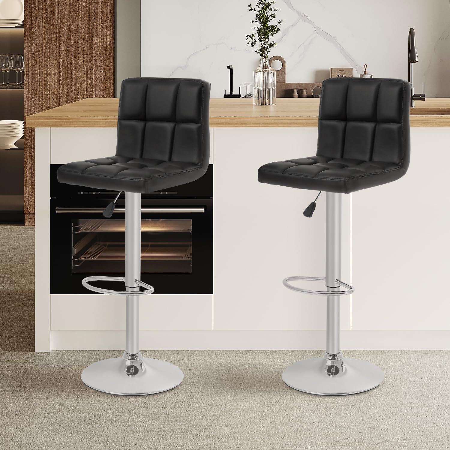 Set Of 2 Adjustable Swivel Bar Stools Black PU Leather