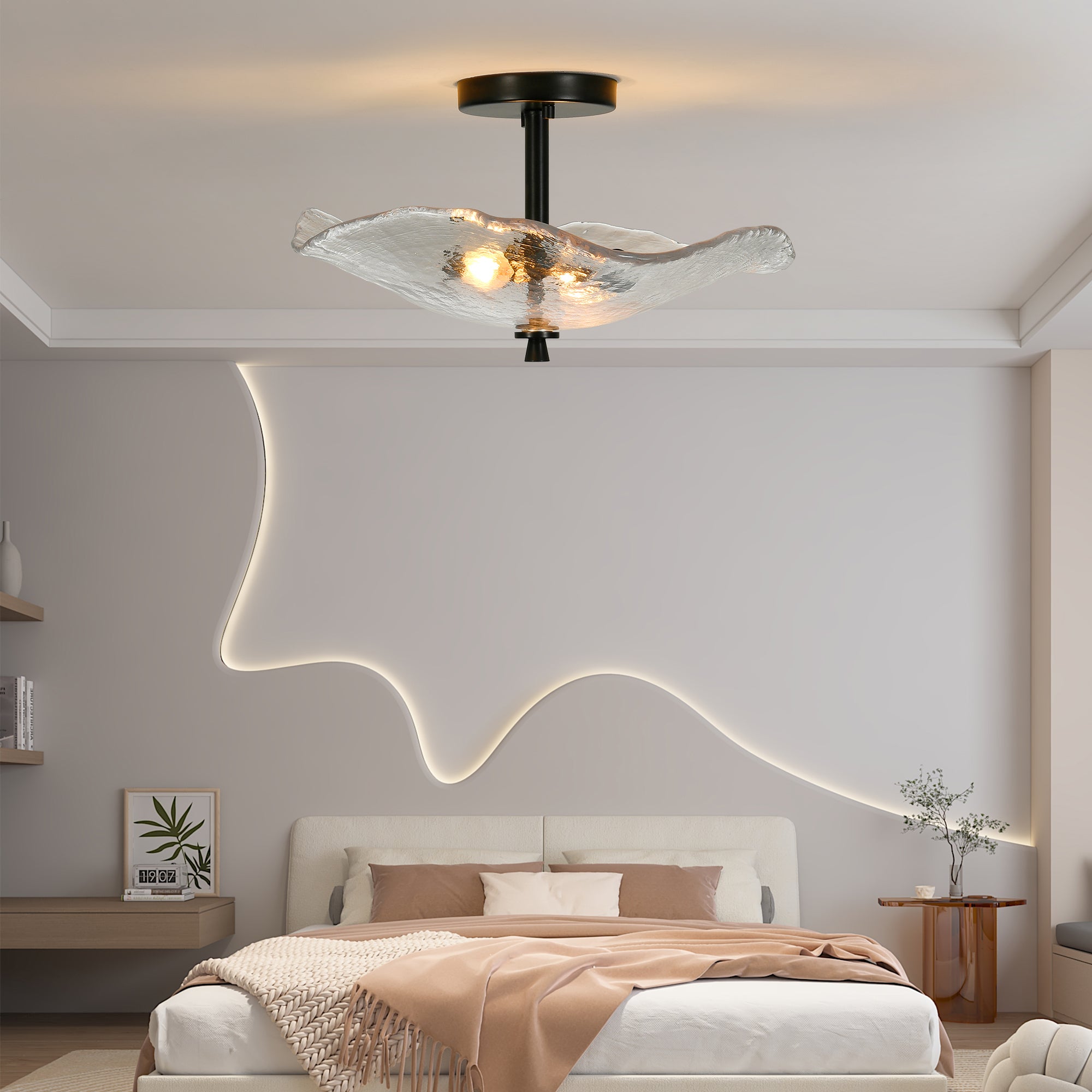 Ceiling Light Fixtures Flush Mount Indoor Outdoor Ceiling Light with Water Ripple Glass Shade (Black)
