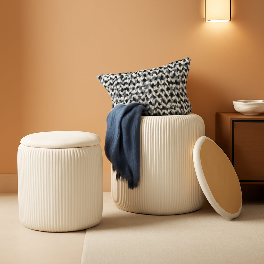 White Velvet Upholstered Storage Ottoman Vanity Set