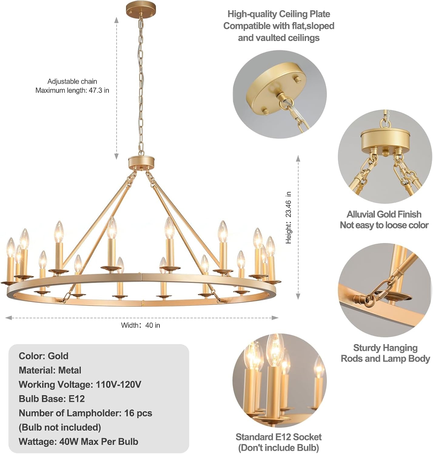 Gilded Wagon Wheel Chandelier Forty Inches Farmhouse-3