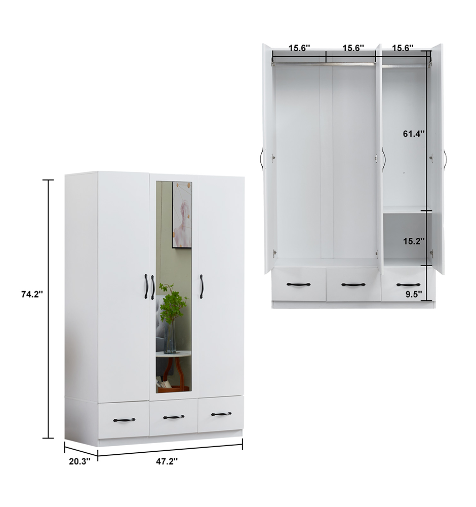 74.2” Tall Mirror Wardrobe Closet by LivelyLodge | 3-Door Freestanding White Wooden Armoire with Hanging Rod & Shelves for Bedroom & Bathroom Storage