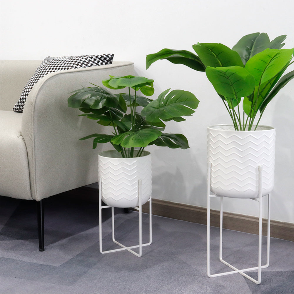 Set of 2 Planters With Stand 17&12 " Tall Flower Pots (Bright White)-3