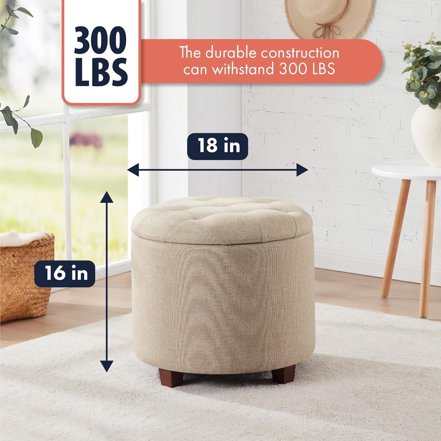 Linen Beige Round Storage Ottoman Living Space Bundle