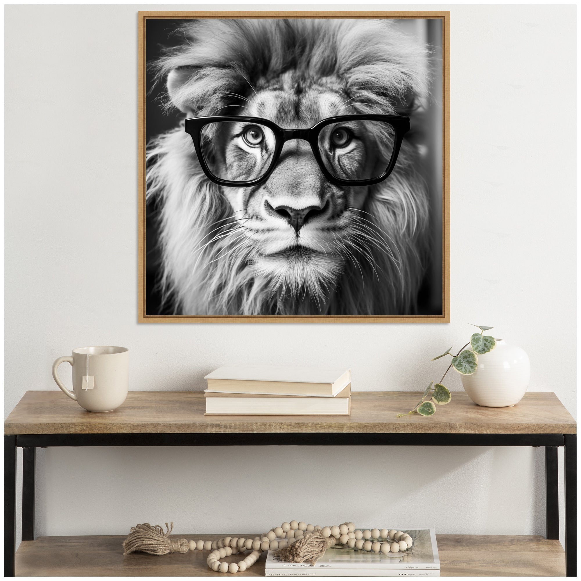 Sylvie Black and White Lion in Reading Glasses Framed Canvas by The Creative Bunch Studio