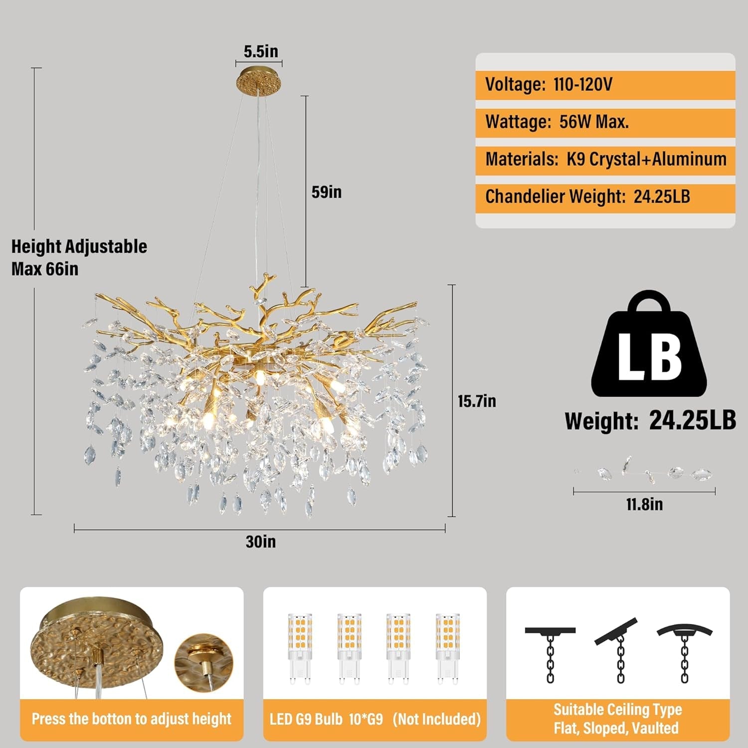 30 Inch Golden Crystal Raindrop Chandelier 10 Light-3