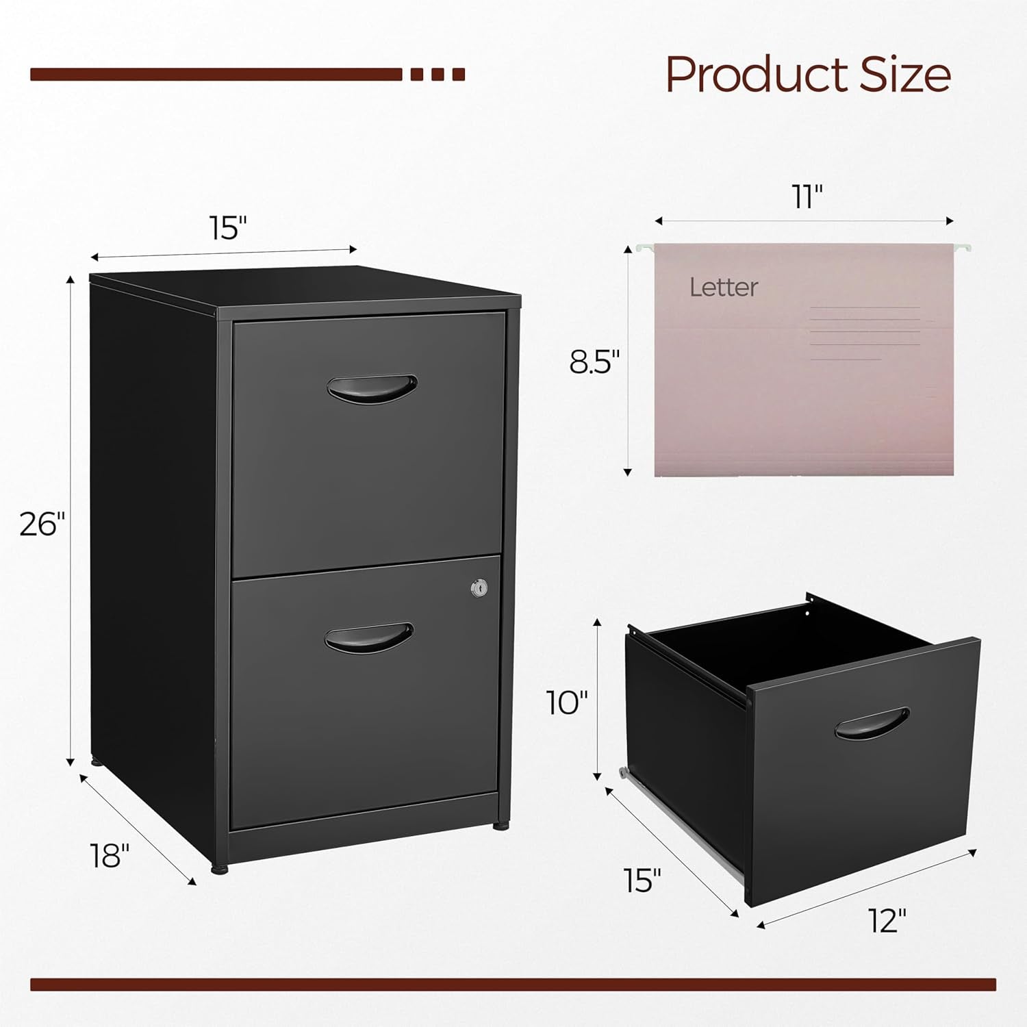2 Drawer Locking Vertical File Cabinet Black Metal For Hanging Files Letter A4 Documents