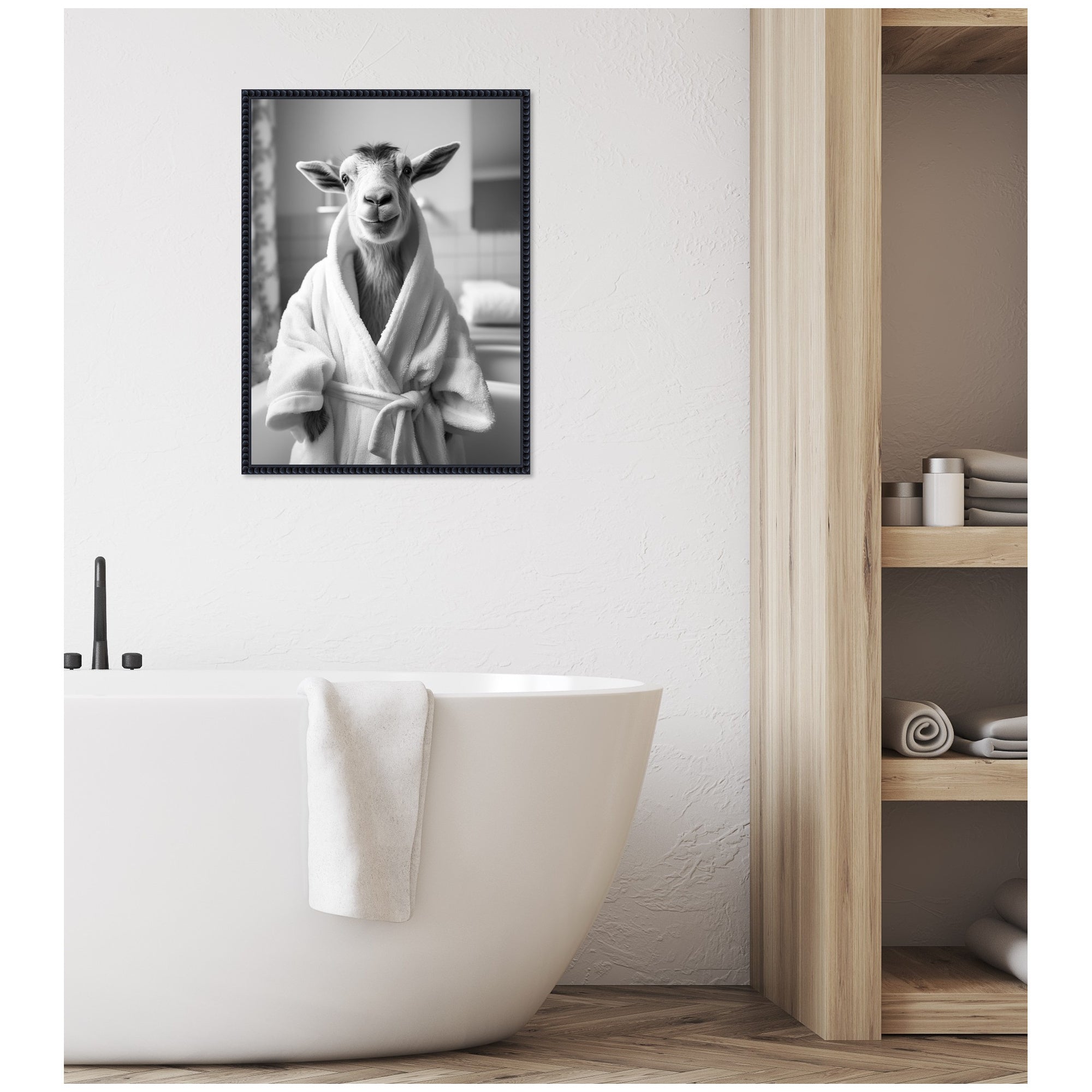 Sylvie Goat Bathroom Art Towel Robe Black and White Framed Canvas by The Creative Bunch Studio