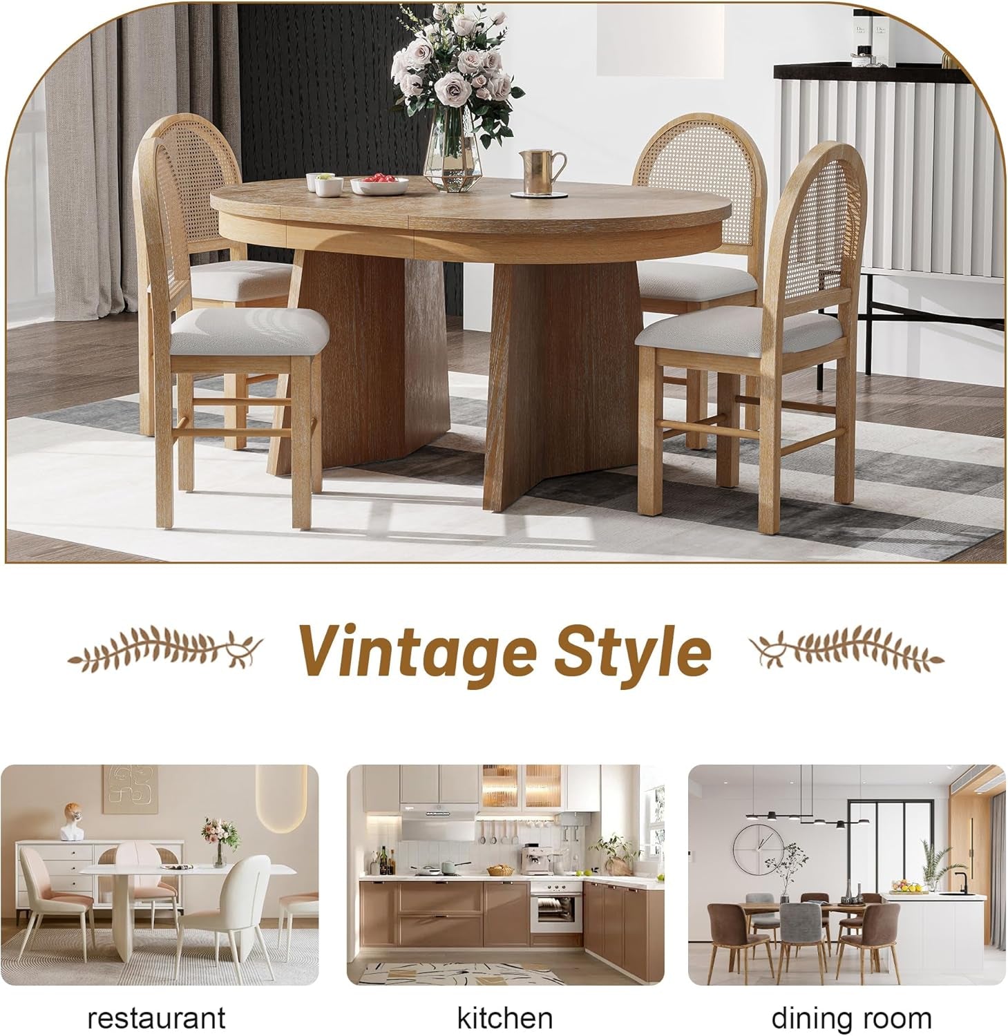 Retro Solid Wood Dining Set Natural Finish Extendable