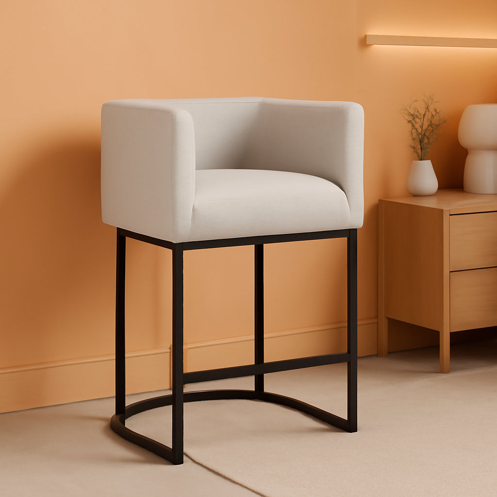 27 Inch Counter Height Barrel Bar Stools With Backrest In Light Gray Linen Upholstery