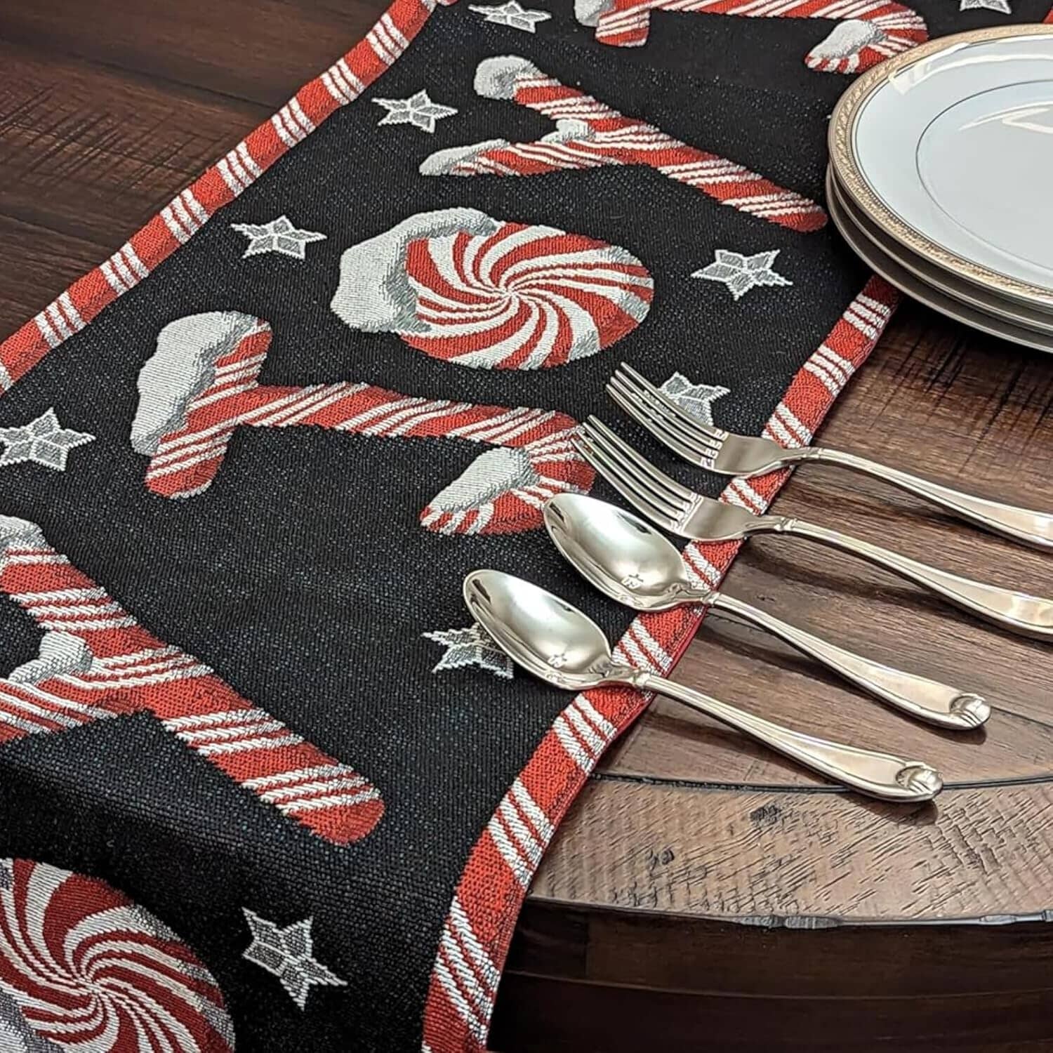 DaDa Bedding Peppermint Joy Red Black Holiday Tapestry Dining Table Runner (12904)