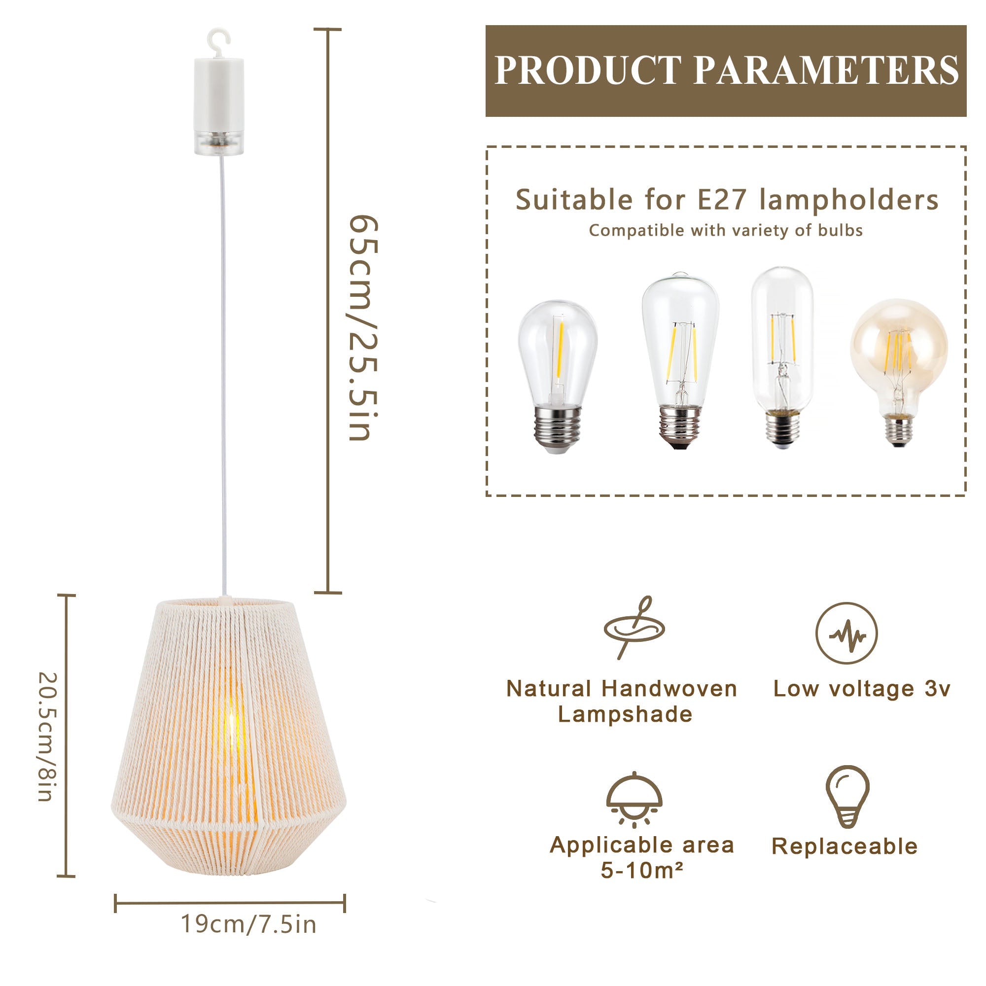 JHY DESIGN Battery Powered Hanging Lamp 8" H Woven Hemp Rope Decorative Pendant Lamp-3