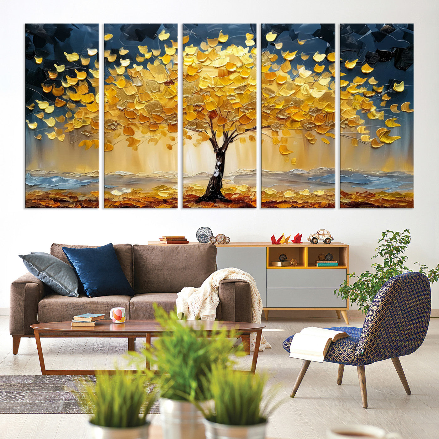 Golden Tree Wall Art – Framed Autumn Leaves Canvas Artwork,