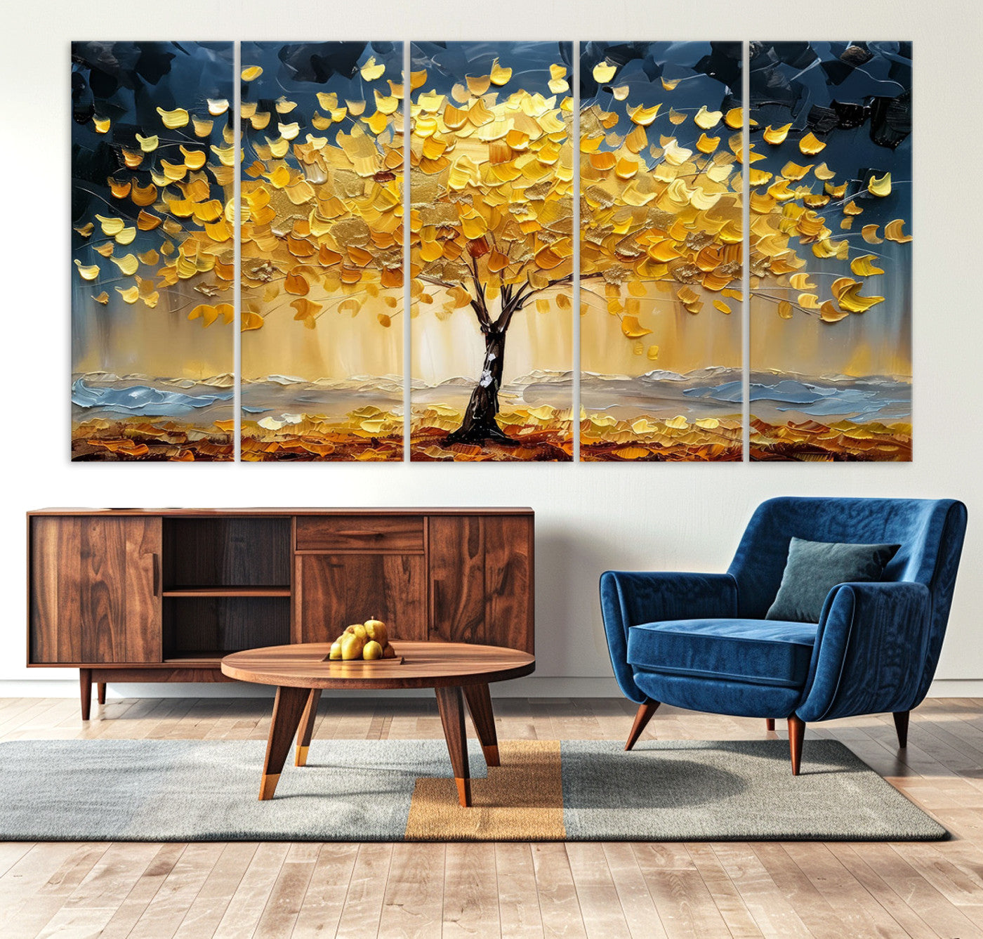 Golden Tree Wall Art – Framed Autumn Leaves Canvas Artwork,