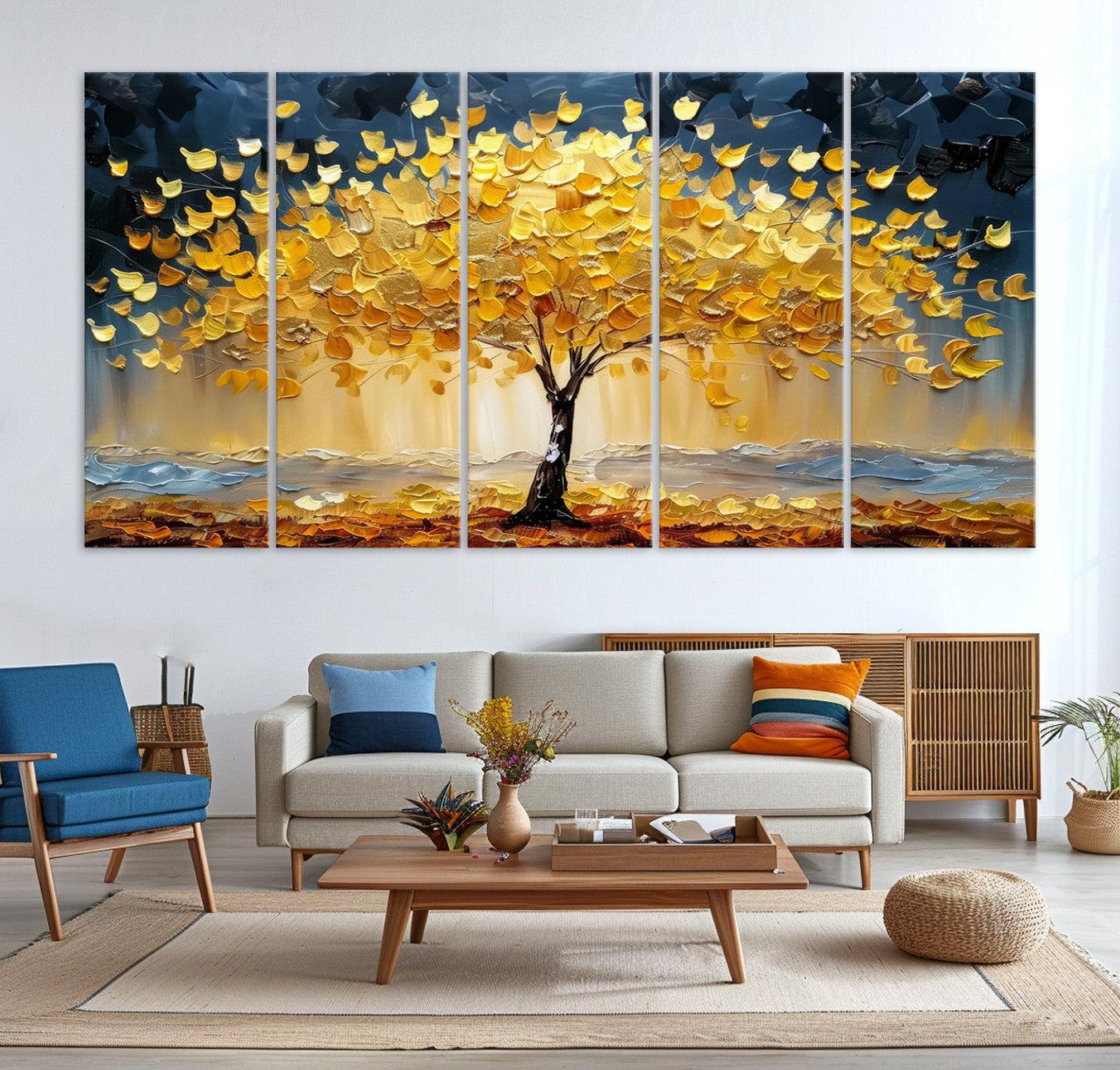 Golden Tree Wall Art – Framed Autumn Leaves Canvas Artwork,