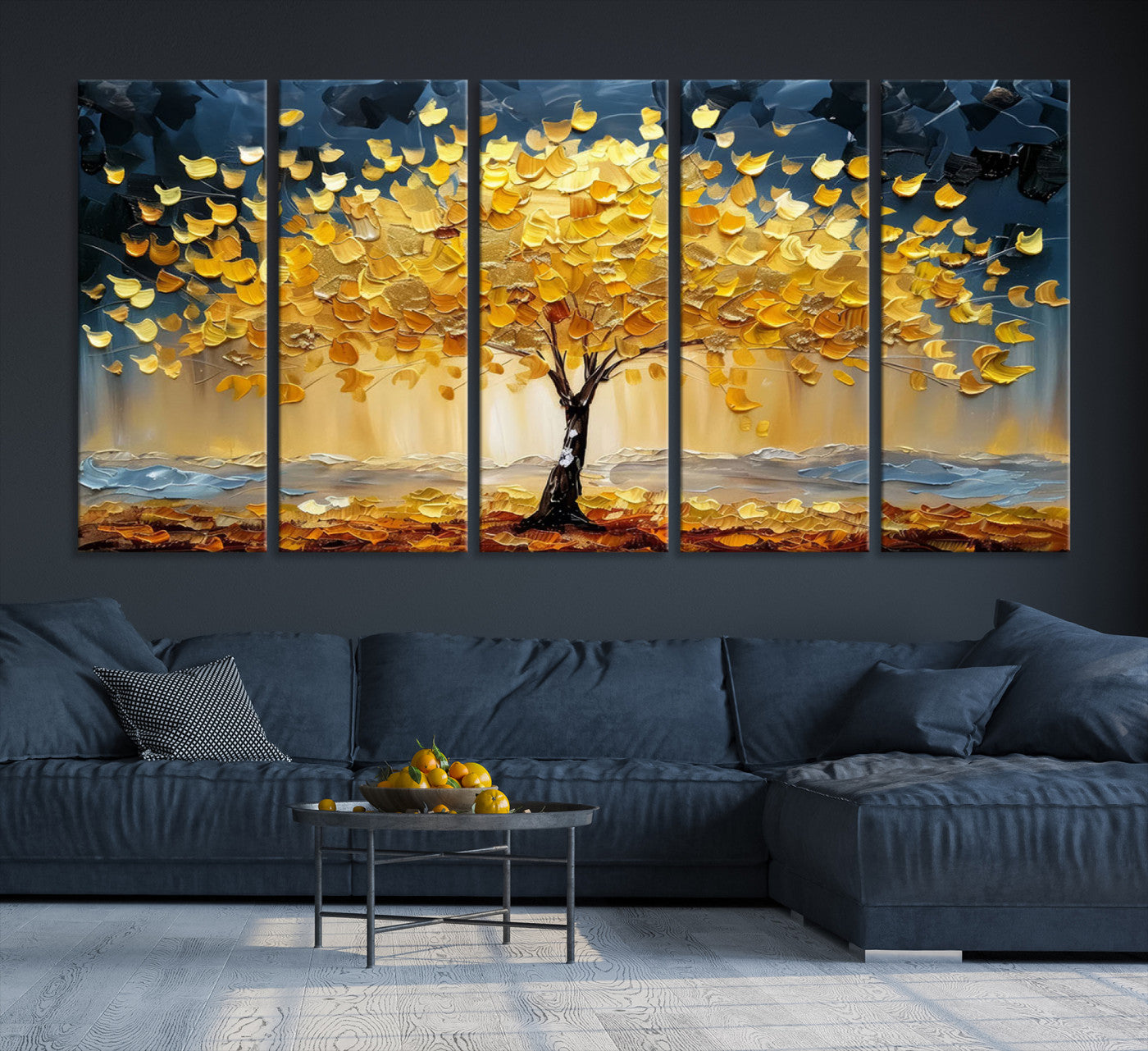 Golden Tree Wall Art – Framed Autumn Leaves Canvas Artwork,