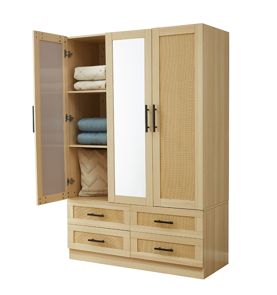 Natural Rattan Armoire Wardrobe – Wood 4-Door, 4-Drawer Closet with Mirrors, Hanging Rod & Shelves