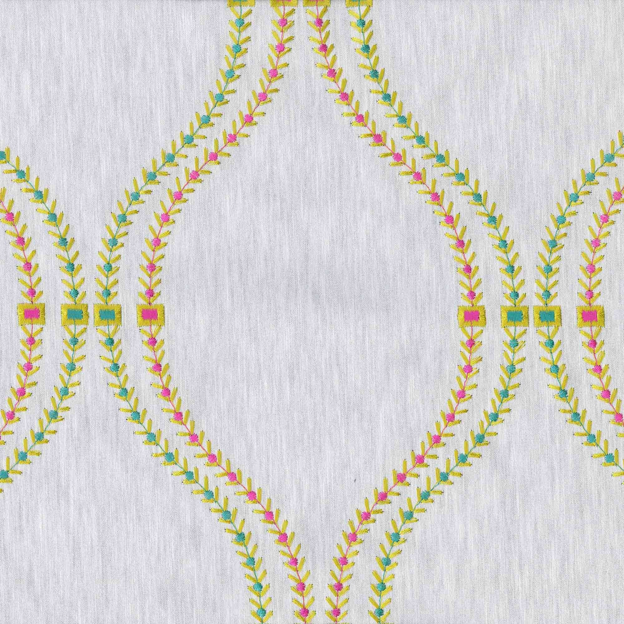White Green & Orange Linen Sheer Curtains | Ogee Trellis Embroidery-2