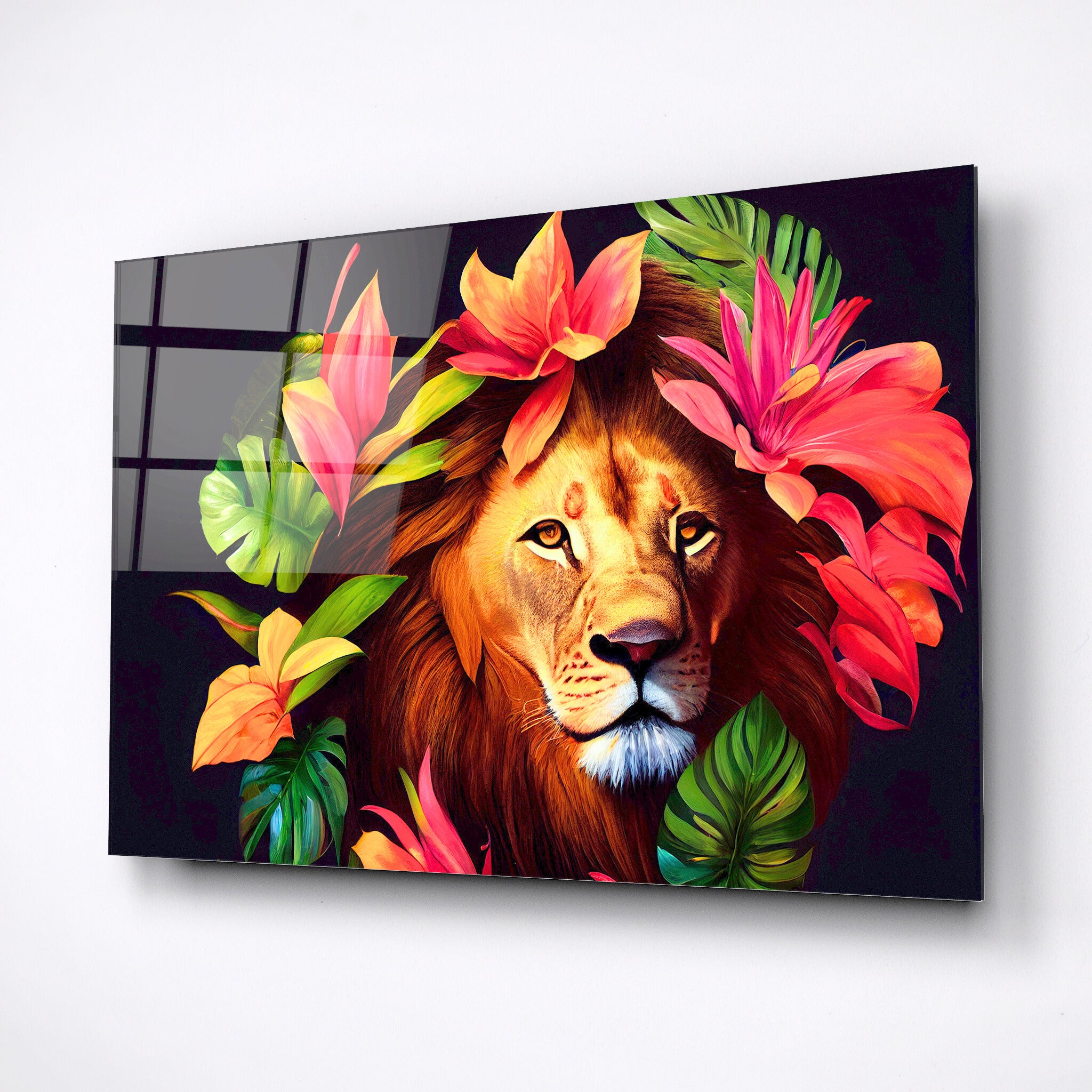 Lion king in tropical flowers and leaves