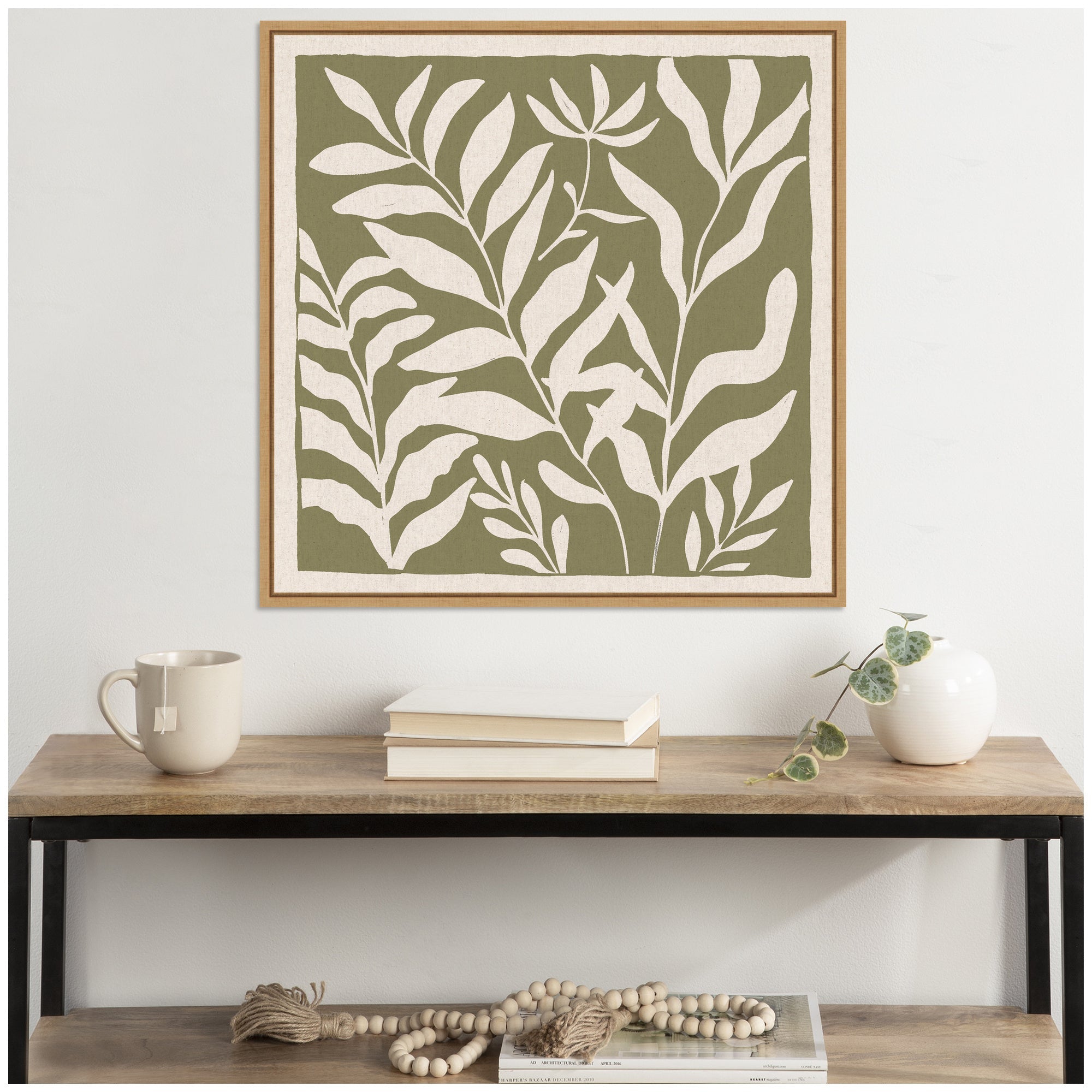 Sylvie Modern Minimalist Botanical Green and Neutral Linen Framed Canvas by The Creative Bunch Studio