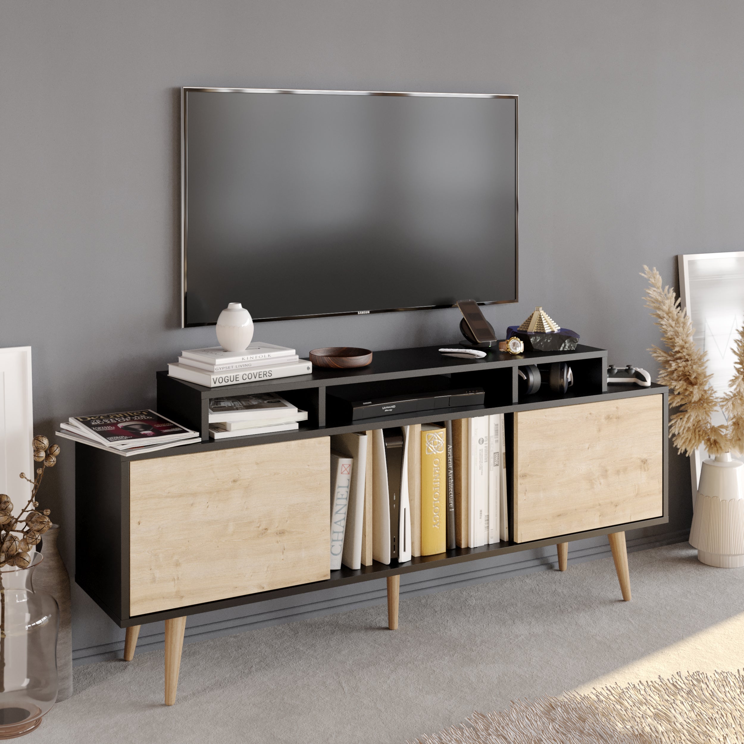Char 63" TV Stand and Media Console with Cabinets and Shelves for TVs up to 72"