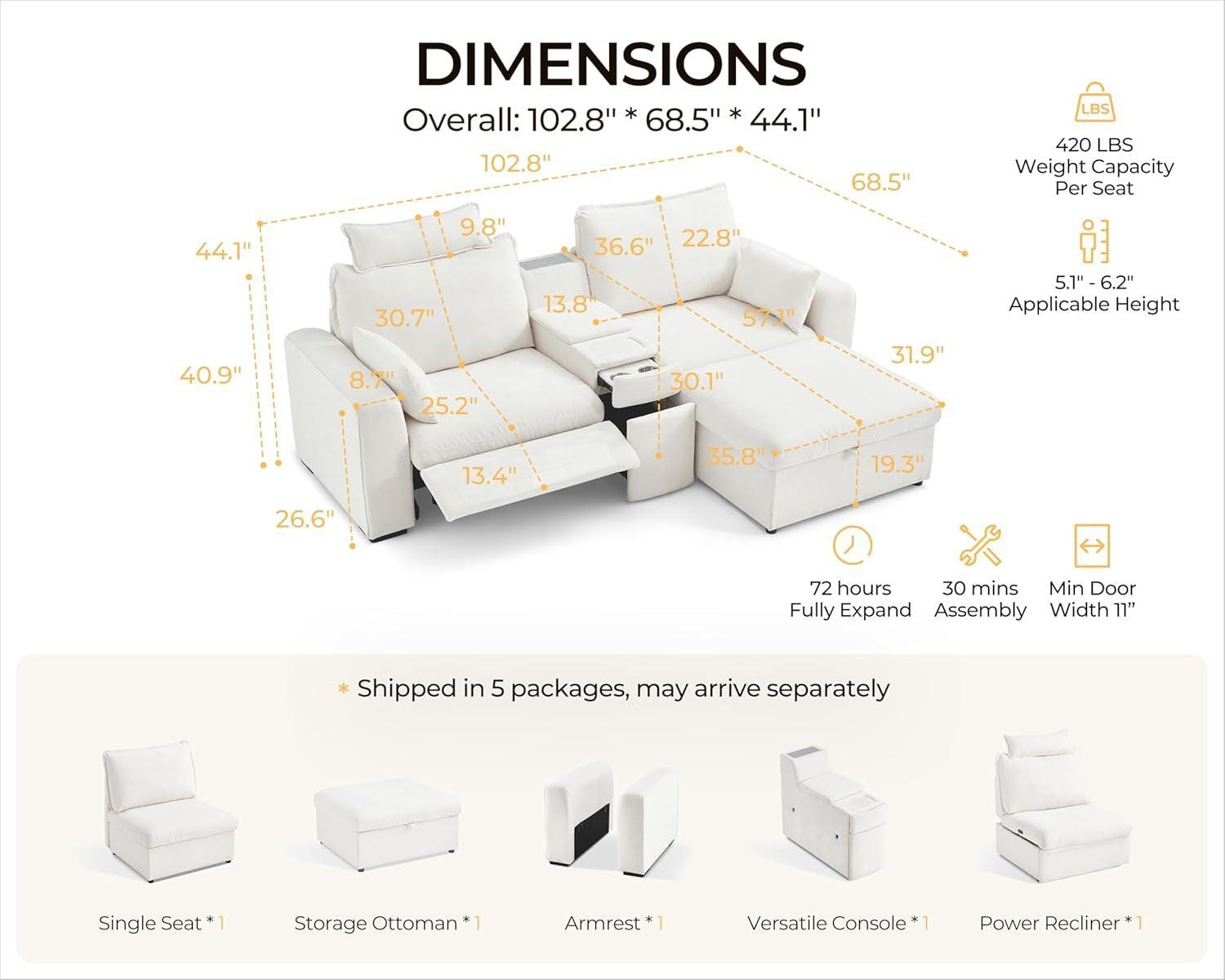 102.8 Inch White Chenille Power Recliner Sofa With Headrest Storage USB Table Wall Hugger