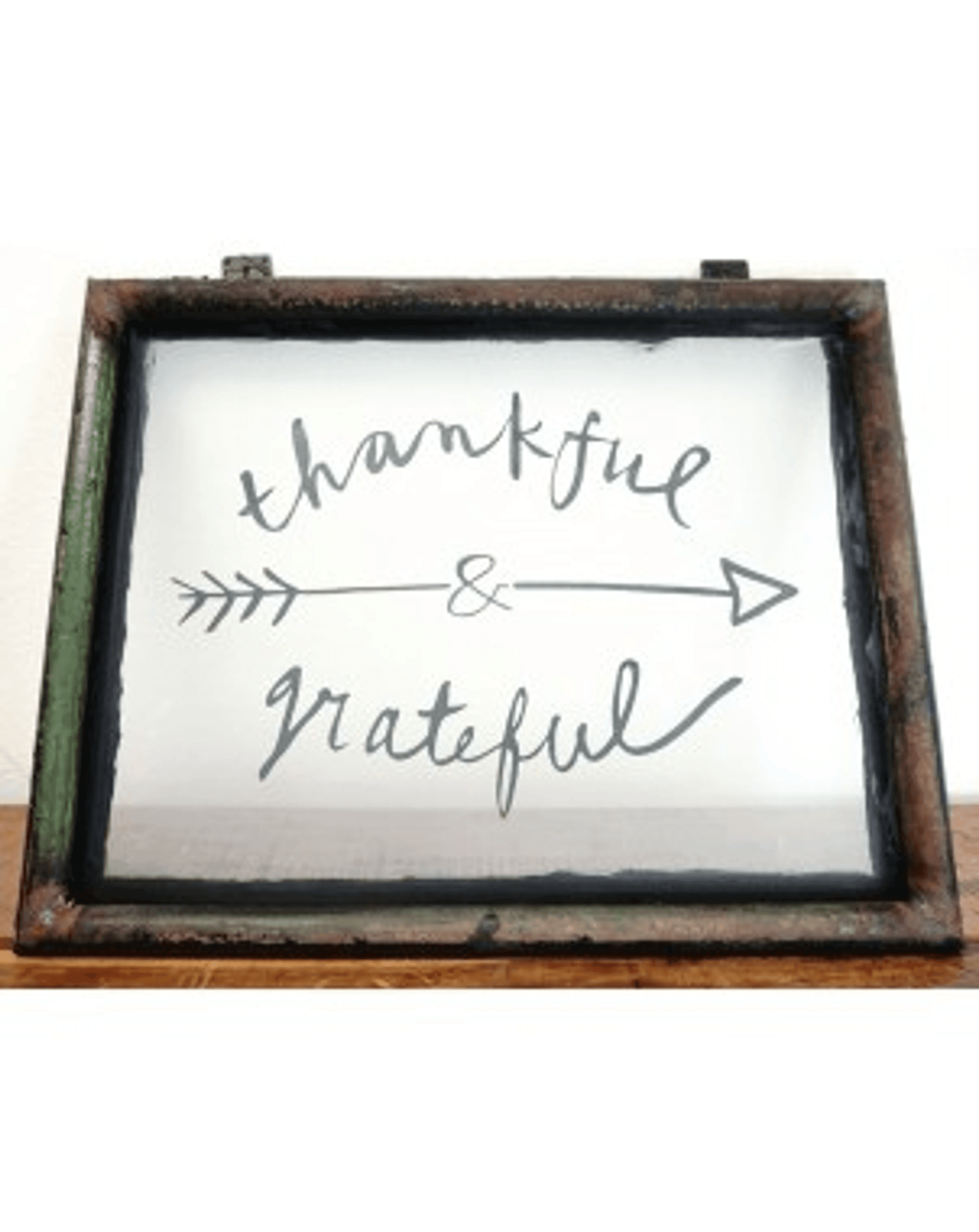 Vintage-Inspired Thankful Grateful Screen Print Art With Distressed Iron Frame - PRHOMZ