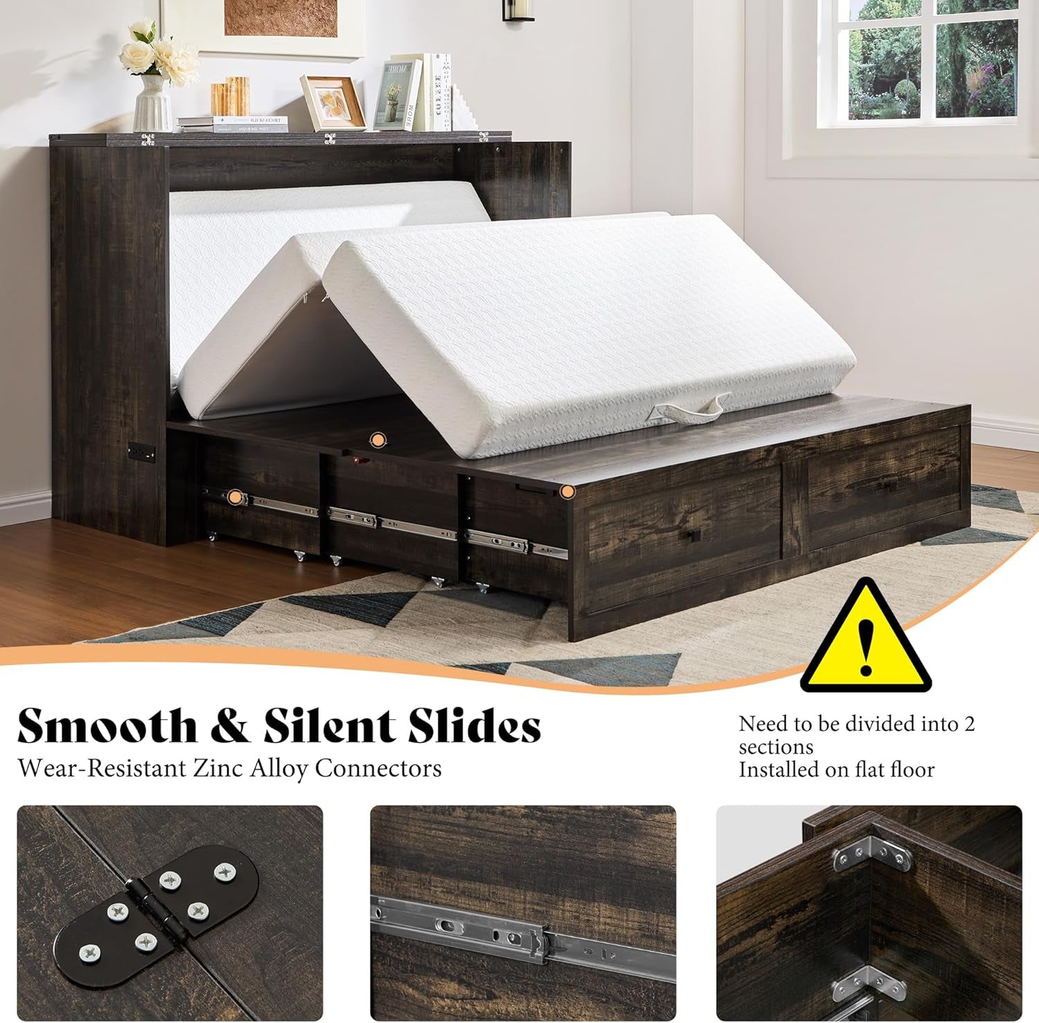 Black Oak Murphy Bed Cabinet With USB Charging Station Queen Size