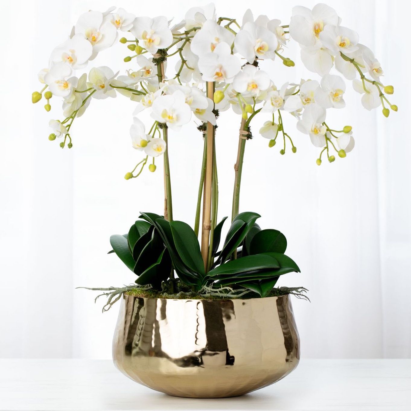 Faux orchid arrangement with white orchids in gold pot - 26"-1