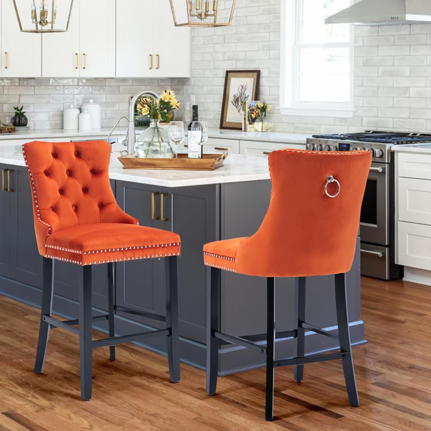 Velvet Upholstered Bar Stools Set Two with Back