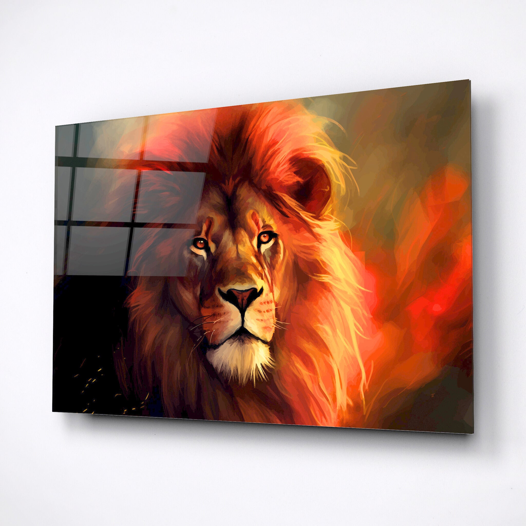 Lion fire mane tempered glass art