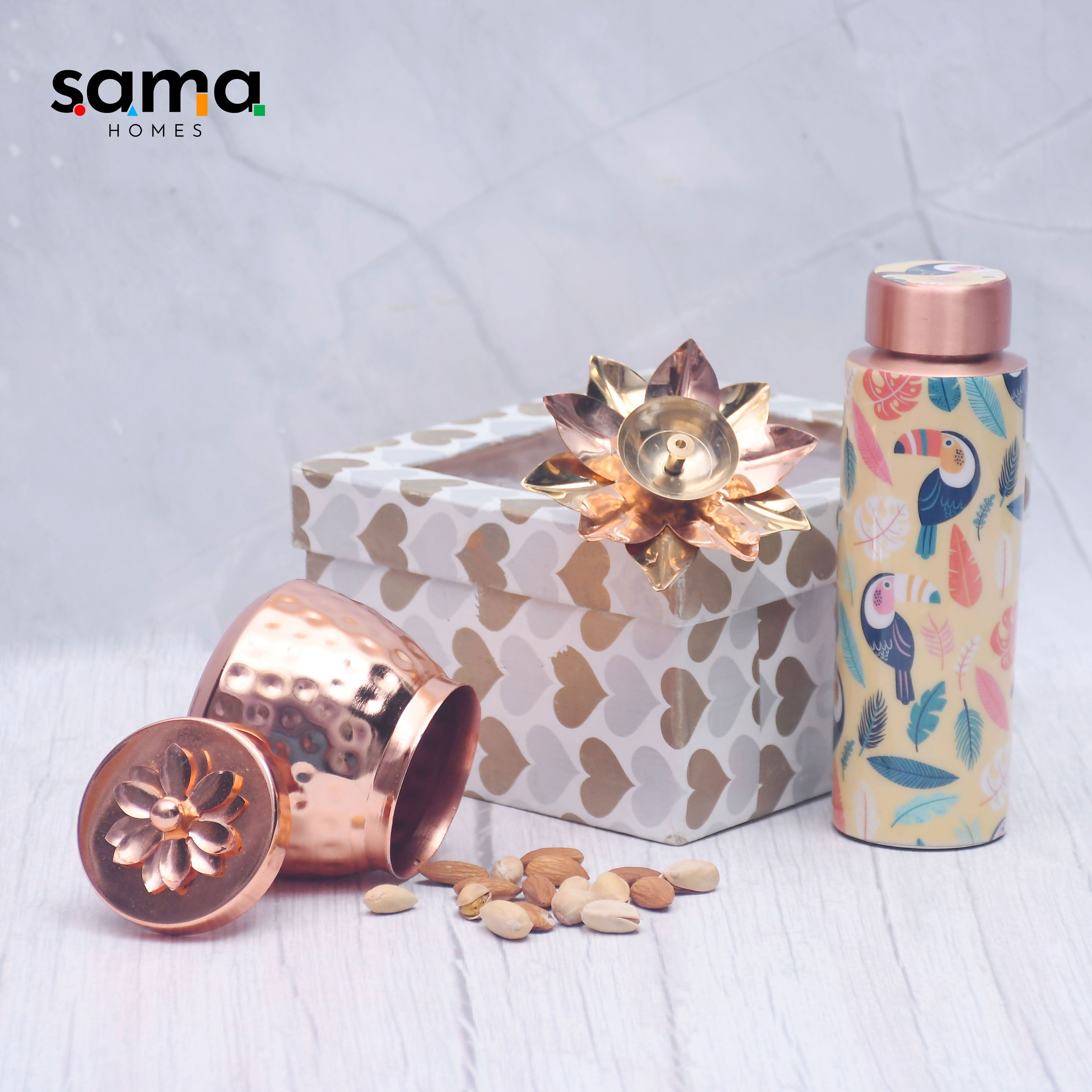 Pure Copper Bottle with Container Jar and Floral Candle Holder Set of 3 Combo-0