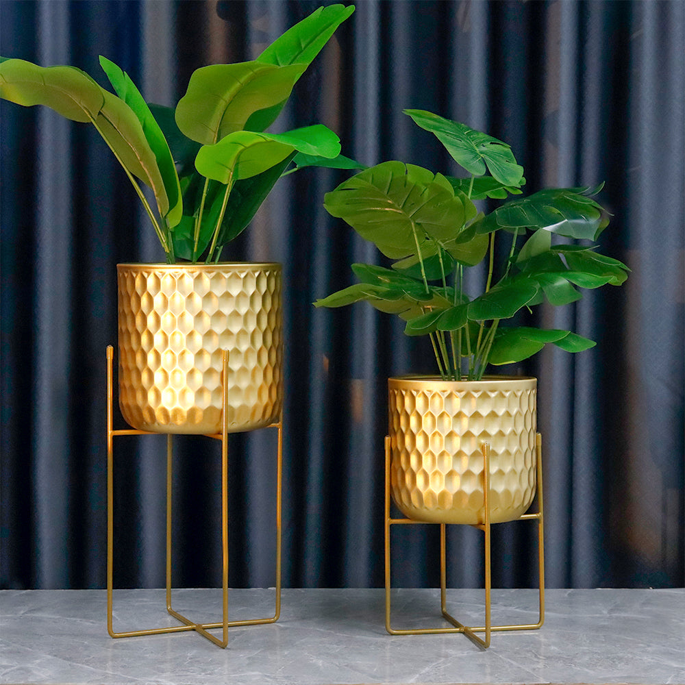 2 Set of 17&12 " Tall  Planters With Stand (Gold)-3