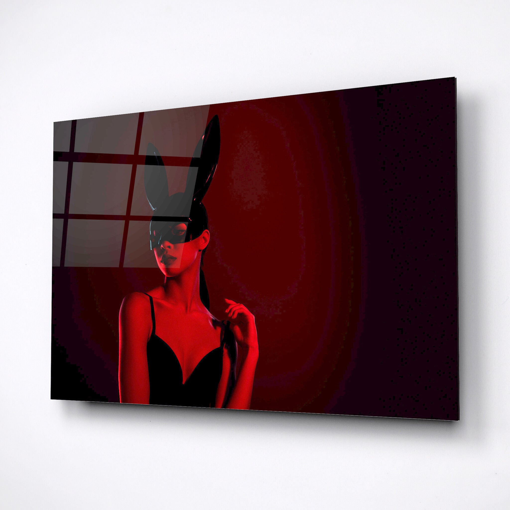 lady babe in night club glass art. bunny costume woman wall art