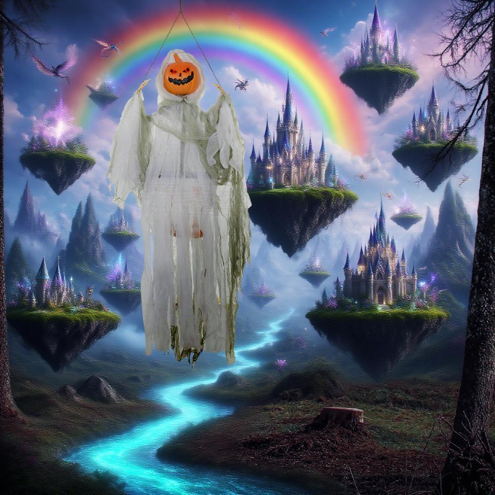 Outdoor Halloween Hanging Pumpkin Ghost with Light-Up Eyes and Sound