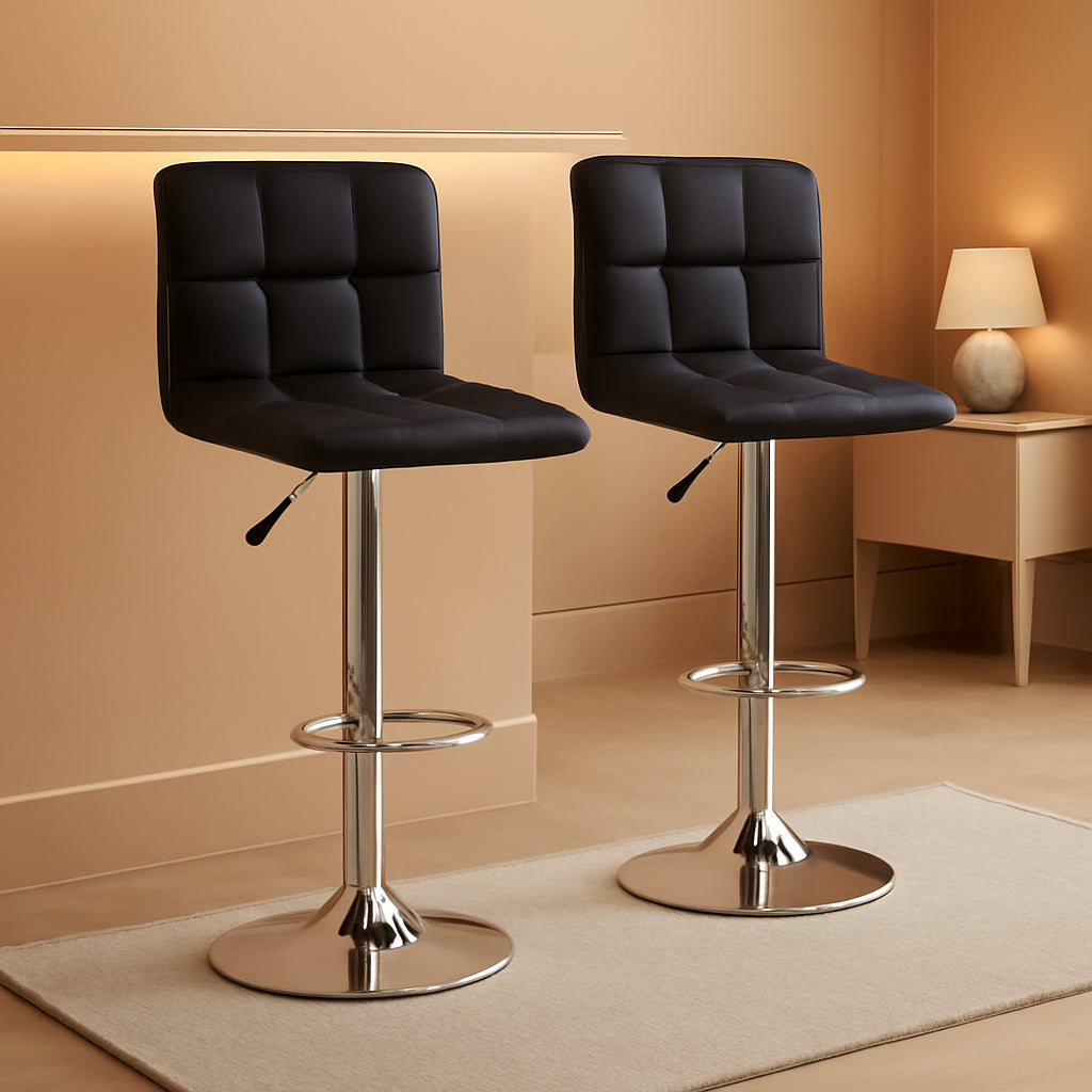 Set Of 2 Adjustable Swivel Bar Stools Black PU Leather