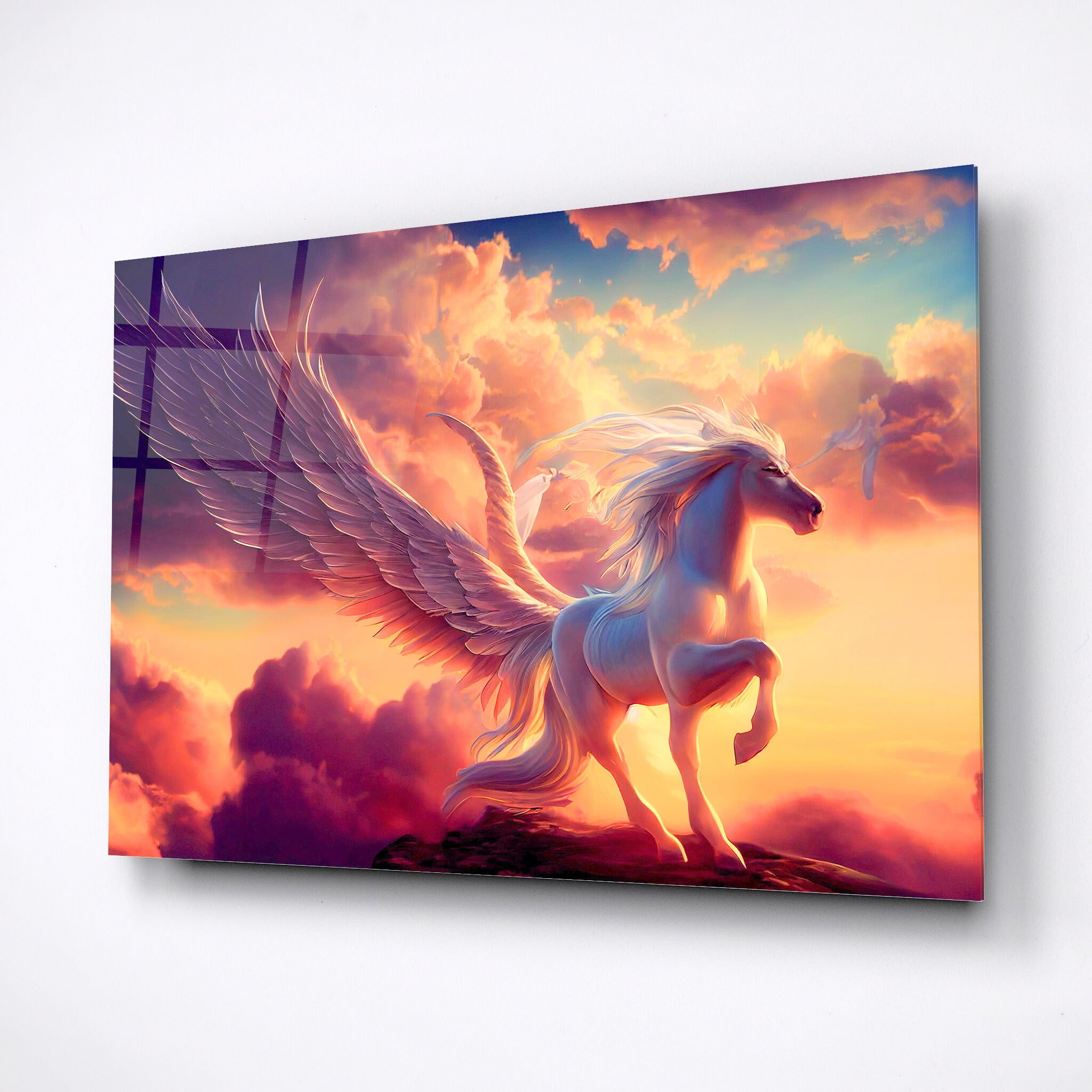 horse flying high above the clouds, glass wall art