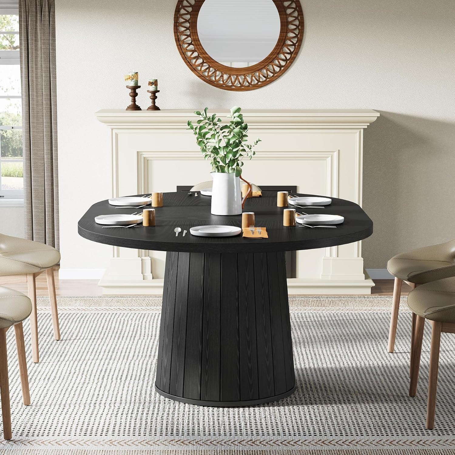 Oval Dining Table 55 Inch Black With Cylindrical Pedestal