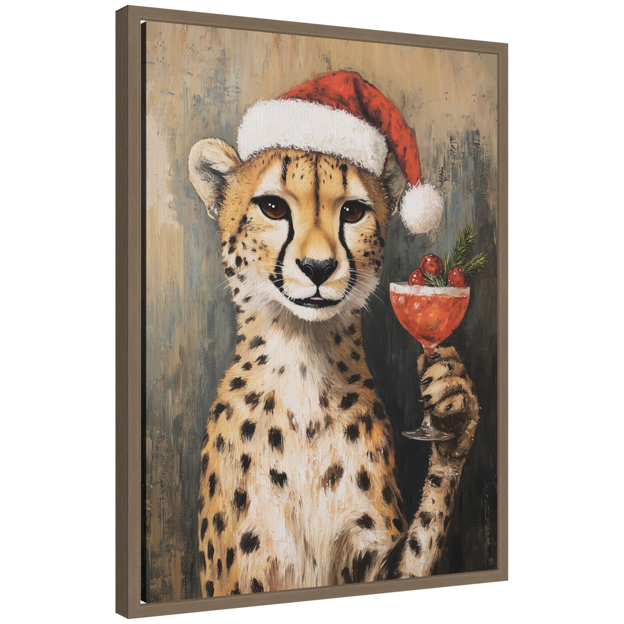Sylvie Framed Canvas Cheetah Festive Cocktail Santa Hat by The Creative Bunch Studio