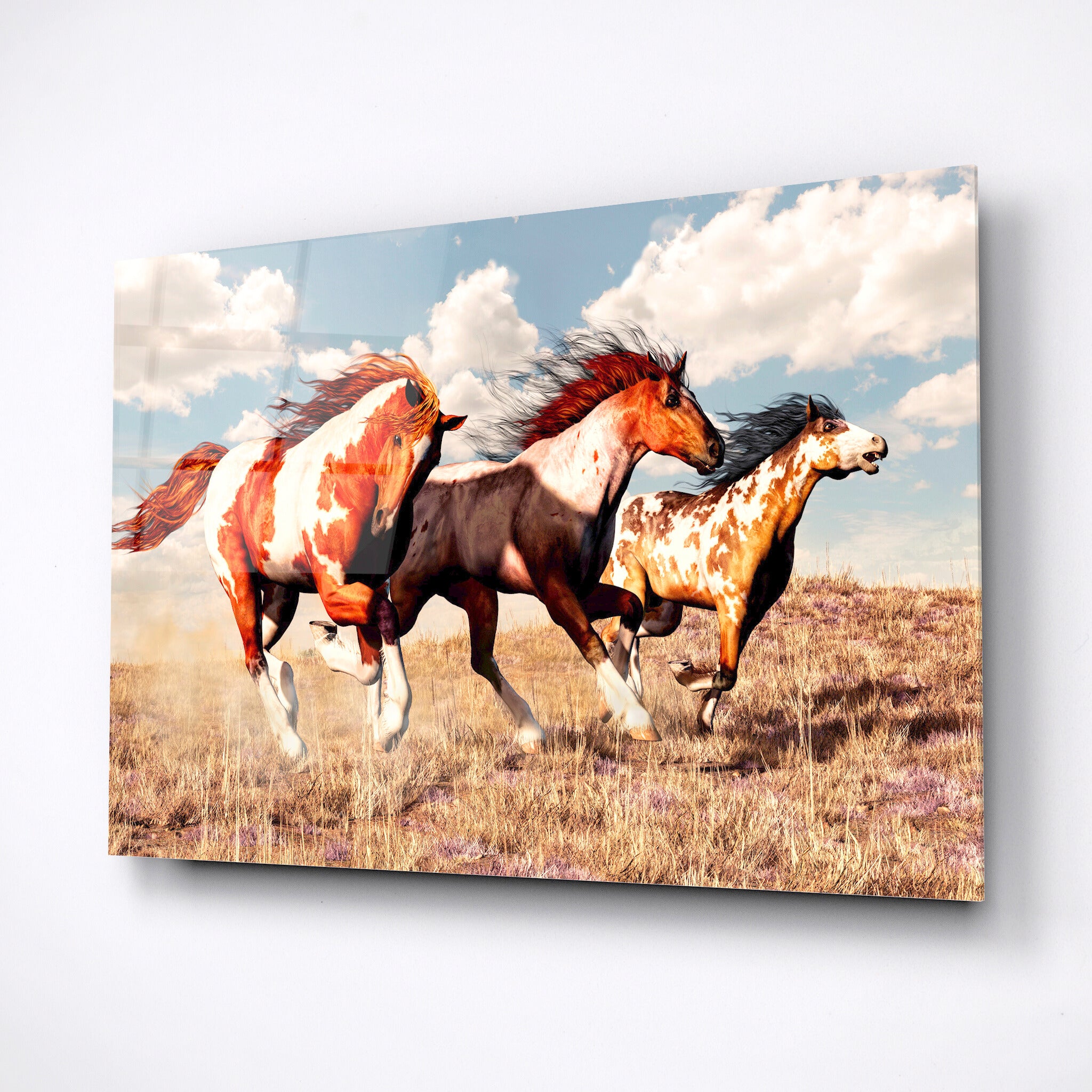 Three mustangs race across the grassy plains