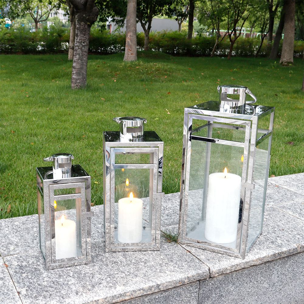 19''&15''&12'' H Stainless Steel Metal Candle Lantern  Candle Holder with Clear Glass Panels(Set of 3)-0