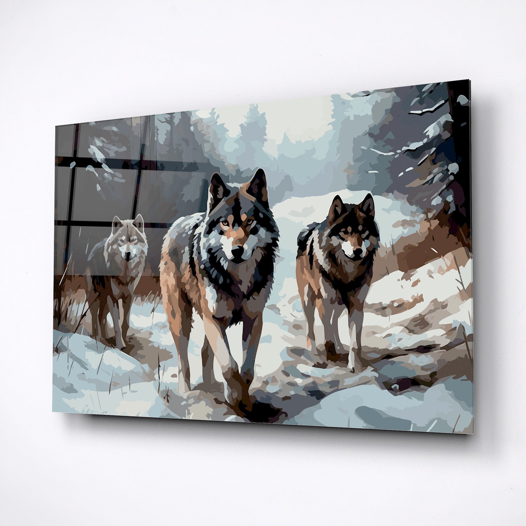 wolves in snow forest tempered glass wall art