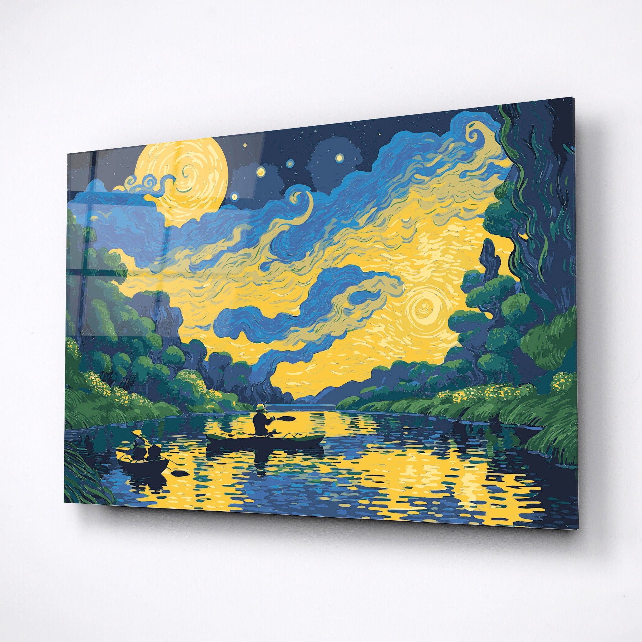 Men fishing in kayaks on a river, glass wall art